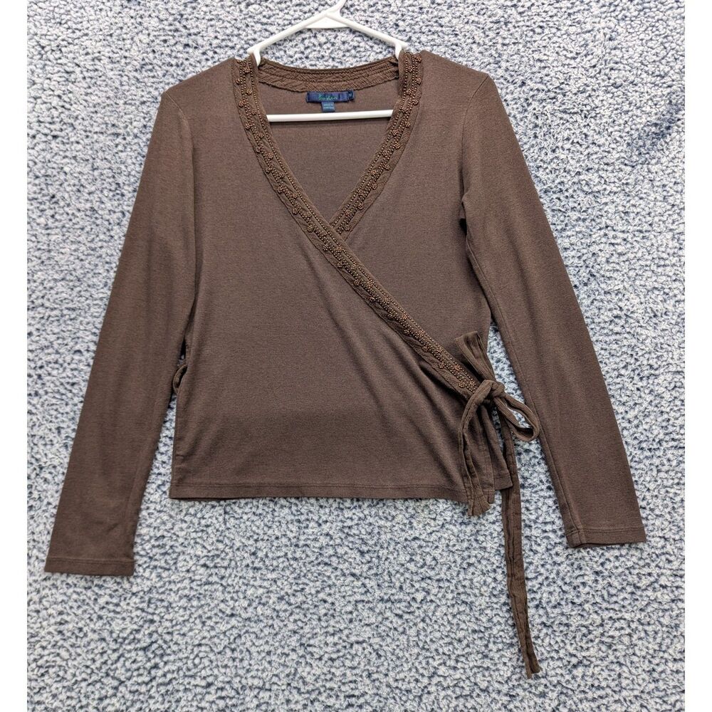 VTG Boden Babydoll Beaded Wrap Top Size 10 Boho Y2K V Neck Fairy Chocolate Brown